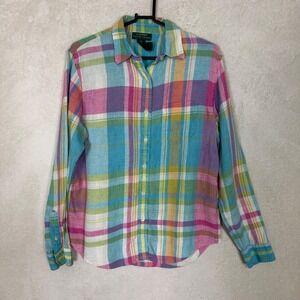 Lauren Ralph Lauren Womens Multi Color Plaid 100% Linen Button Down Shirt Size M